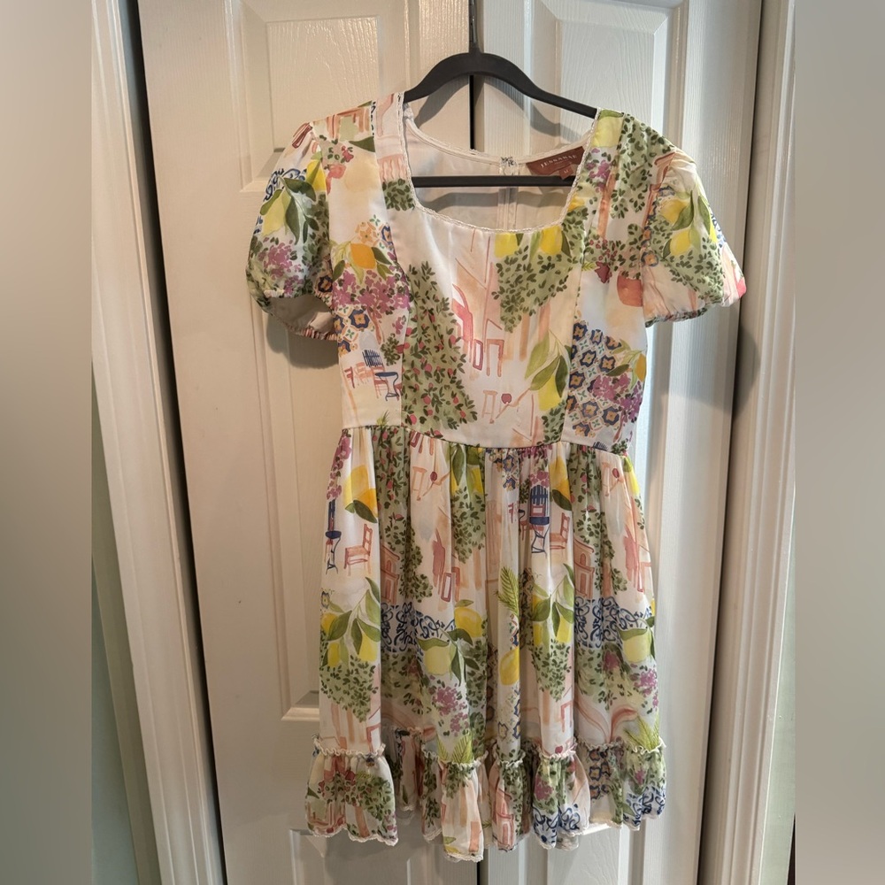 JessaKae Yellow and Pink Ruffled Puff Sleeve Mini Dress